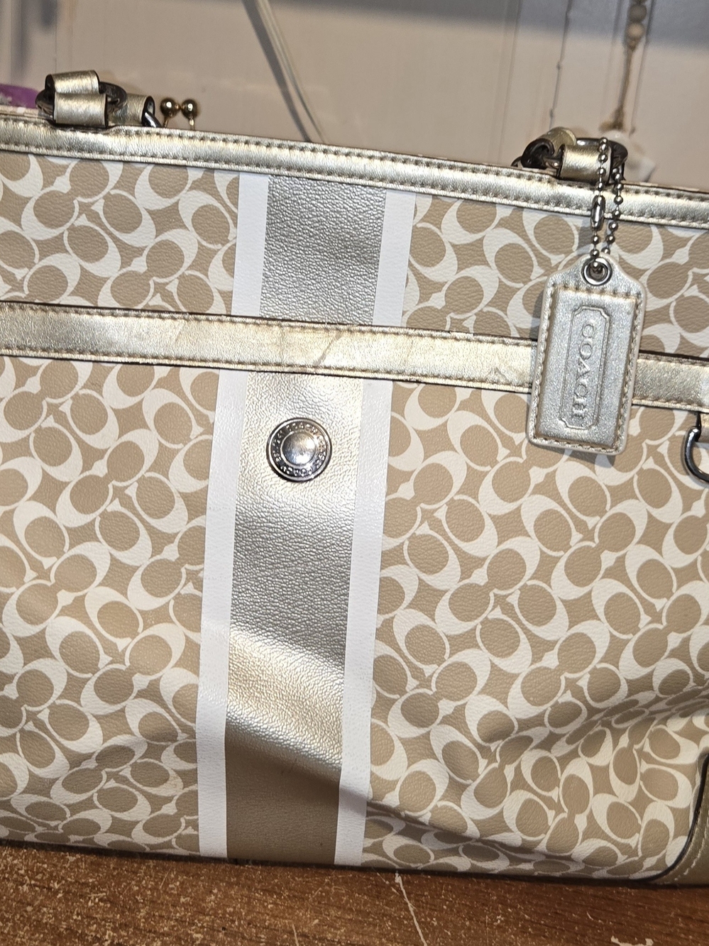 Coach Metallic Accent Signature Canvas Tote in Beige
